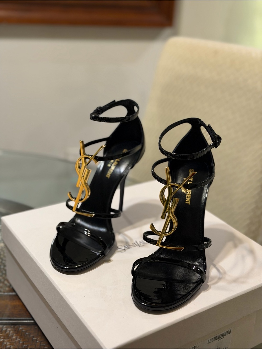 Saint Laurent Black Patent Heeled Sandals with Gold YSL Accent